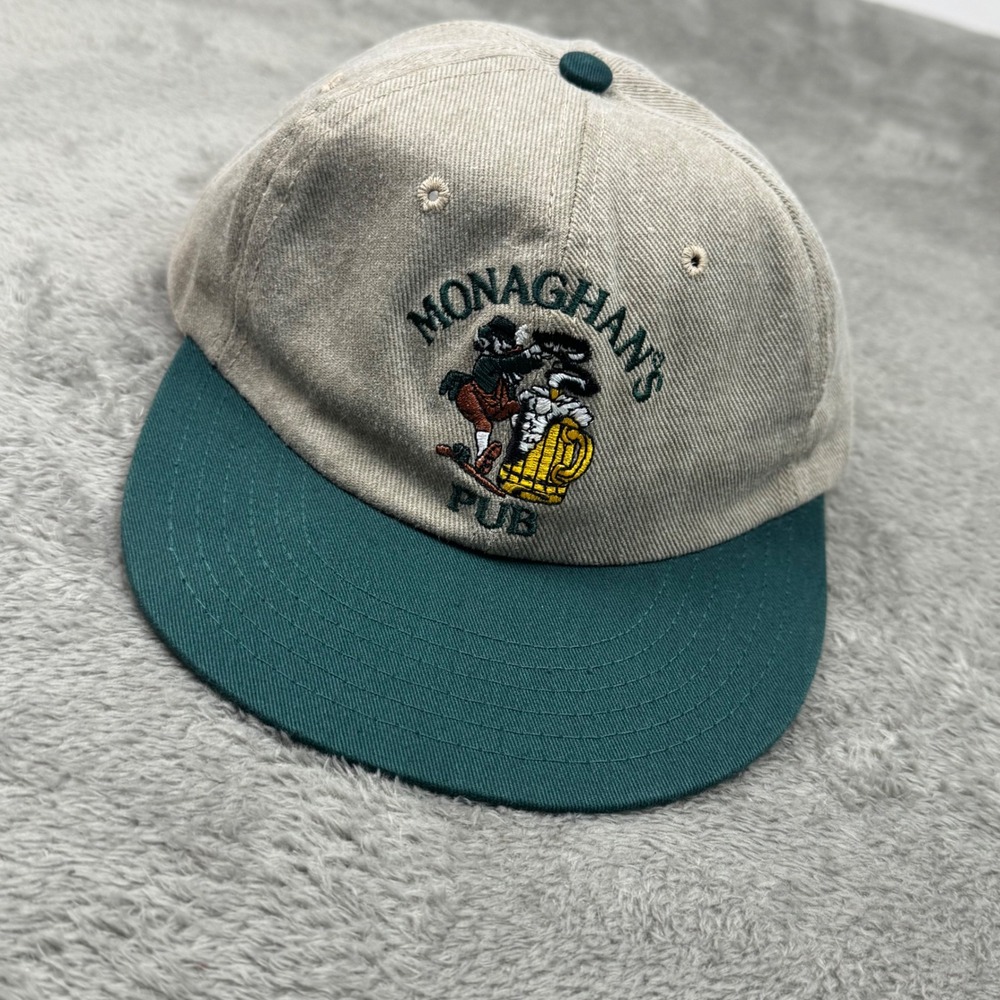 Vintage Monaghan's Pub Hat Men OSFA Tan Green Excellent Embroidered Snapback